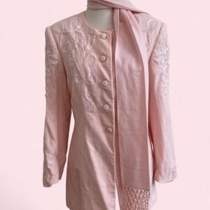 Vintage John Meyer Pink Embroidered Jacket & Scarf Set | Size 16